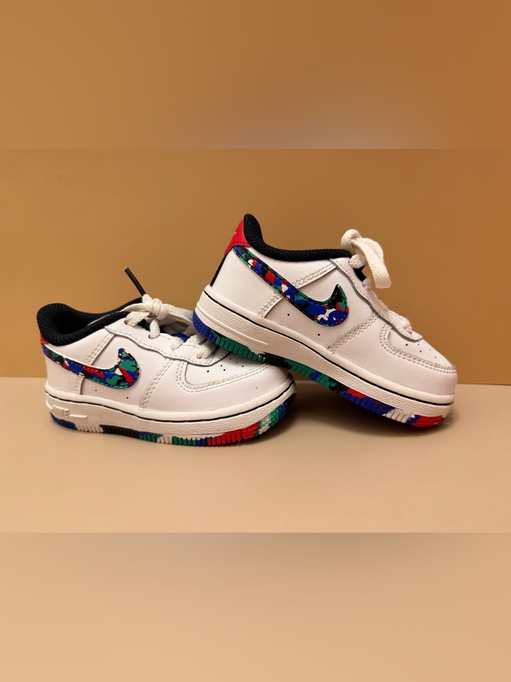 White Kids Sneakers with Colorful Mosaic Swoosh